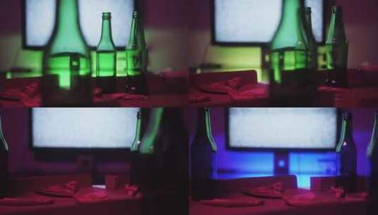 派对后客厅的混乱电视上家里桌子上的空瓶酒高清在线视频素材下载