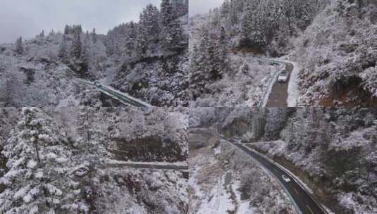 航拍森林树林雾凇雪景汽车行驶在盘山公路高清在线视频素材下载