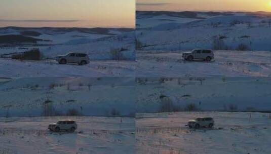 日出环绕航拍雪地下的车辆高清在线视频素材下载