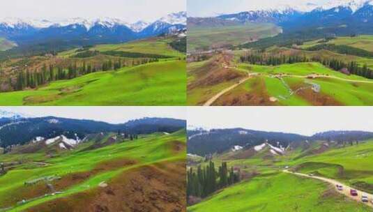 航拍新疆伊犁恰西画卷瀑布四月雪山草原高清在线视频素材下载