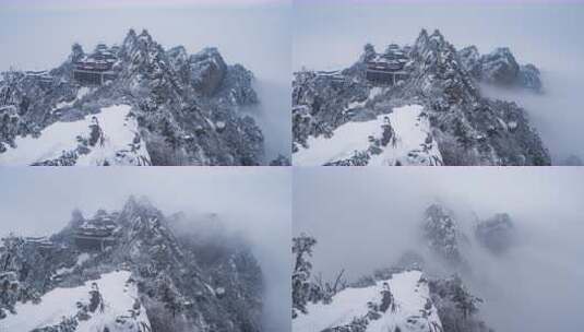 8K富士中画幅老君山道观群众雪后大云海高清在线视频素材下载