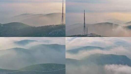 航拍山东枣庄出现罕见平流雾水墨中国高清在线视频素材下载