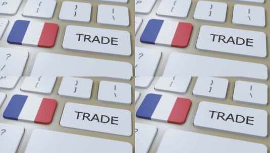 按钮3D动画上的法国国旗和贸易文本高清在线视频素材下载