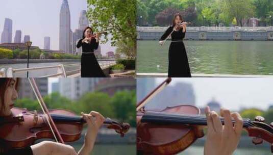 小提琴家天津海河边拉小提琴细节特写高清在线视频素材下载