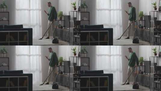 男人，客厅，清洁，吸尘器高清在线视频素材下载