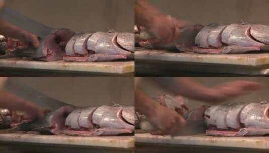 厨师切割鱼块高清在线视频素材下载