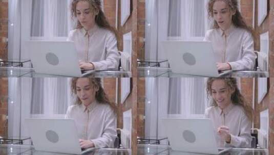 女性在笔记本电脑上收到消息后庆祝高清在线视频素材下载