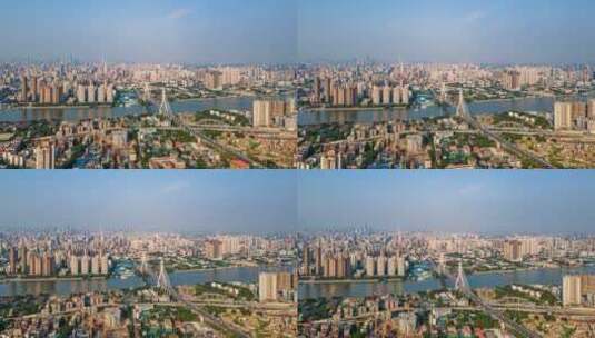 广州鹤洞大桥繁忙车流和城市天际线航拍延时高清在线视频素材下载