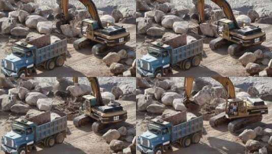 挖掘起重机将一块石头抬上卡车高清在线视频素材下载
