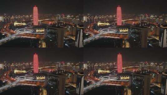 郑州会展中心大玉米CBD航拍二七塔夜景街道高清在线视频素材下载