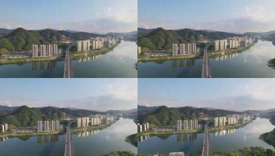 杭州建德新安江高速公路和现代城市风光航拍高清在线视频素材下载