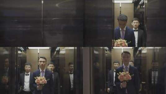 结婚早晨的新郎和伴郎走出电梯高清在线视频素材下载
