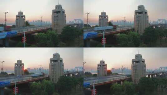南昌清晨生米大桥日出航拍高清在线视频素材下载
