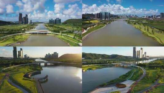 珠海横琴天沐河周边公园绿地航拍高清在线视频素材下载