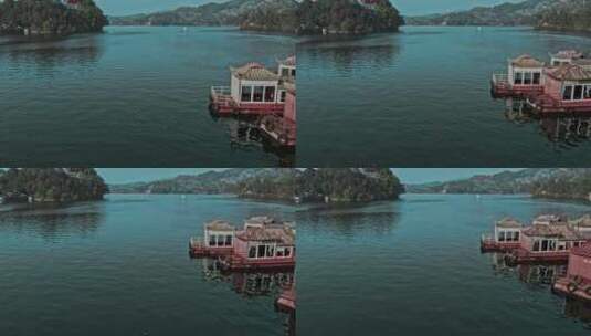 高清航拍码头船汽艇湖泊划船唯美风景黑龙滩高清在线视频素材下载