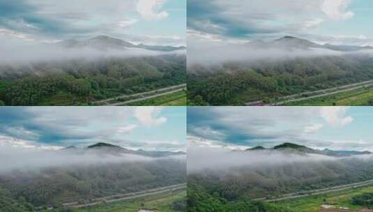 唯美乡村山川高速公路云雾缭绕乡村建设航拍高清在线视频素材下载