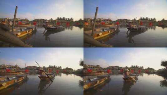 夕阳下水乡河道摇橹船 河边划船高清在线视频素材下载