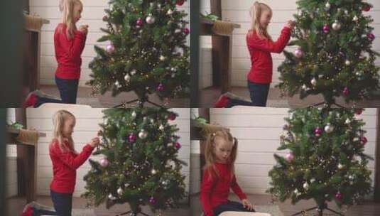 装饰圣诞树的女孩高清在线视频素材下载