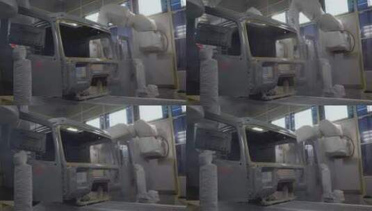 汽车工厂里的机器人给生产汽车的驾驶室喷漆高清在线视频素材下载