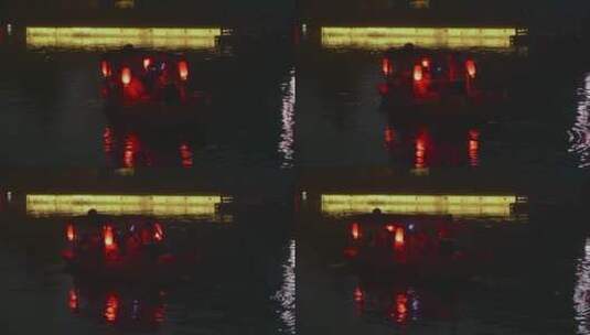 台儿庄古城夜游河面上划船红灯笼高清在线视频素材下载