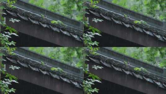 江南雨季中式园林建筑绿植雨滴高清在线视频素材下载