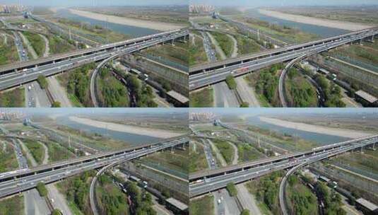 武汉谌家矶 高铁与高速公路交汇繁忙景象4K高清在线视频素材下载