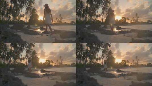 夕阳下穿着短裙的长发美女独自散步在沙滩上高清在线视频素材下载