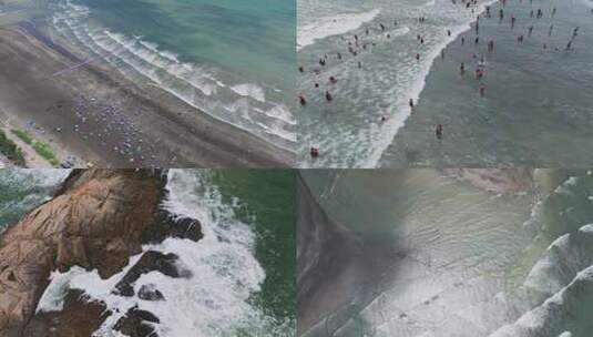 江门黑沙滩海浪拍打礁石大海浪花礁石合集高清在线视频素材下载