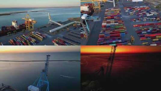 DJI码头港口集装箱物流货运日出日落高清在线视频素材下载
