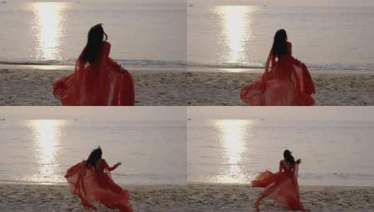 向着夕阳奔跑跑步在沙滩上的长发女子慢动作高清在线视频素材下载