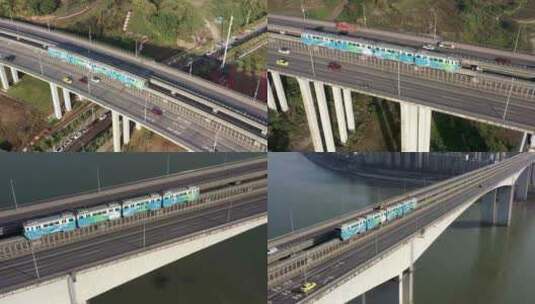 重庆轻轨二号线穿桥航拍高清在线视频素材下载