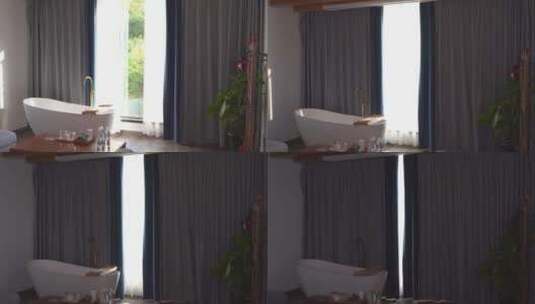 原创拍摄民宿酒店服务浴缸沙发窗帘拉开高清在线视频素材下载