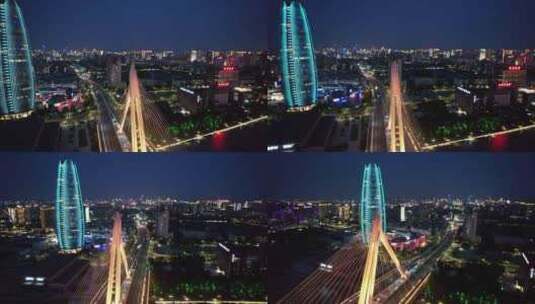 浙江宁波外滩大桥夜景灯光航拍高清在线视频素材下载