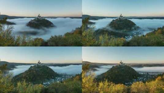 德国莱茵河山顶上一座城堡周围流淌的延时云彩高清在线视频素材下载