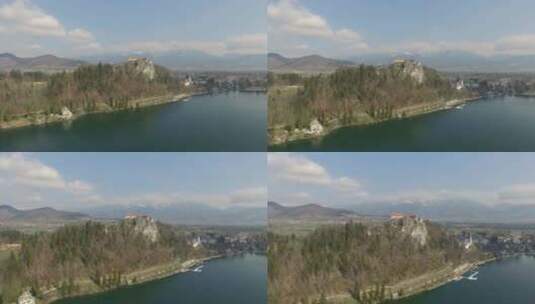 空中拍摄布莱德湖，背景是布莱德城堡。斯洛文尼亚高清在线视频素材下载