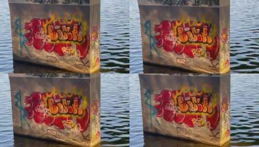 河流波光粼粼桥墩涂鸦暖阳光影高清在线视频素材下载