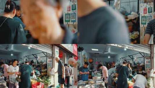 上海浦西清晨菜市场卖菜的人群高清在线视频素材下载