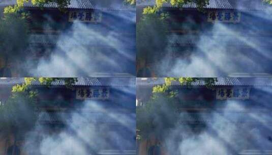 杭州灵隐寺 晨光照射 烟雾缭绕高清在线视频素材下载