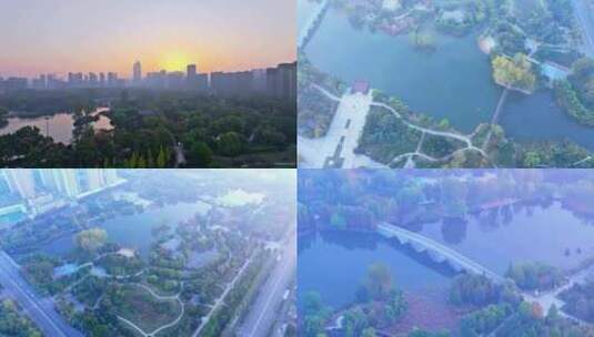航拍枣庄新城龙潭公园秋天的美景高清在线视频素材下载