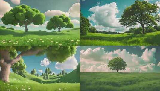 蓝天白云和草原上的树3d卡通动画高清在线视频素材下载