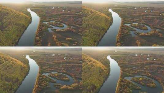 航拍额尔古纳国家湿地公园景区秋季自然风光高清在线视频素材下载