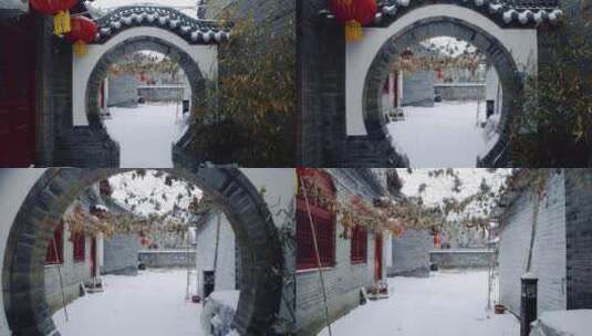 雪中传统建筑园林庭院拱门中国风高清在线视频素材下载