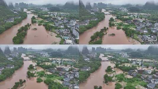 桂林夏季暴雨洪水航拍高清在线视频素材下载