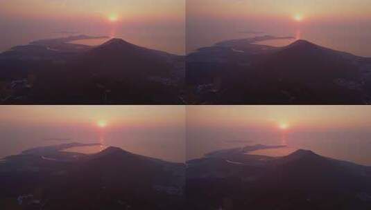 高空俯瞰日落时分的山川湖海景色/苏州/太湖高清在线视频素材下载