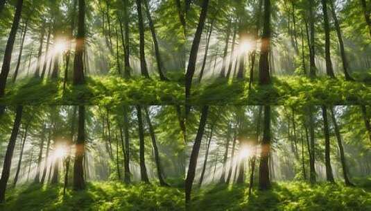 阳光穿透森林绿色植被景观高清在线视频素材下载