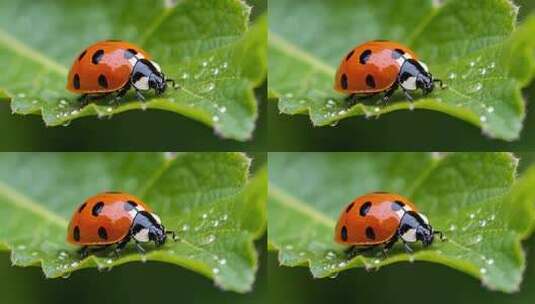 瓢虫趴在带露珠的绿叶上微距特写高清在线视频素材下载