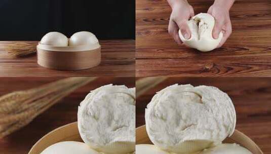 双手捏开蓬松白面馒头高清在线视频素材下载