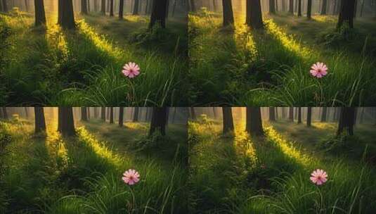 森林晨光下的粉色花朵高清在线视频素材下载