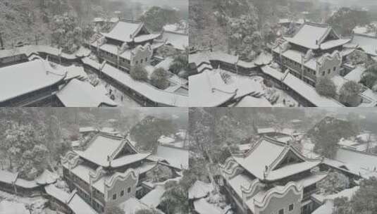 航拍城市风光长沙雪景古建筑岳麓书院雪景高清在线视频素材下载