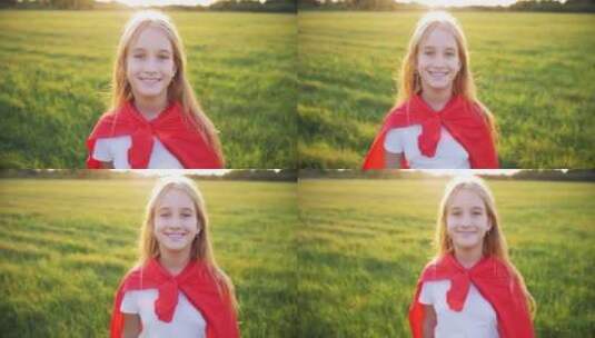 女孩穿着超人披风在田间行走高清在线视频素材下载